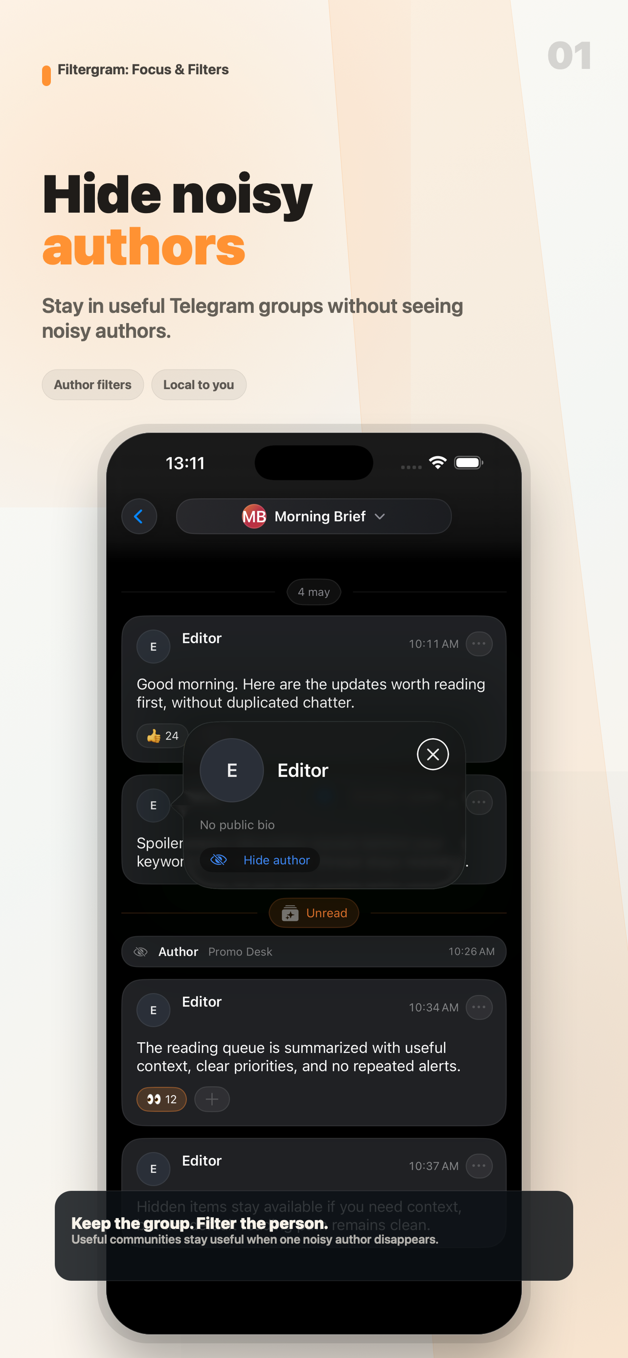 Filtergram screenshot showing hidden authors in a Telegram group
