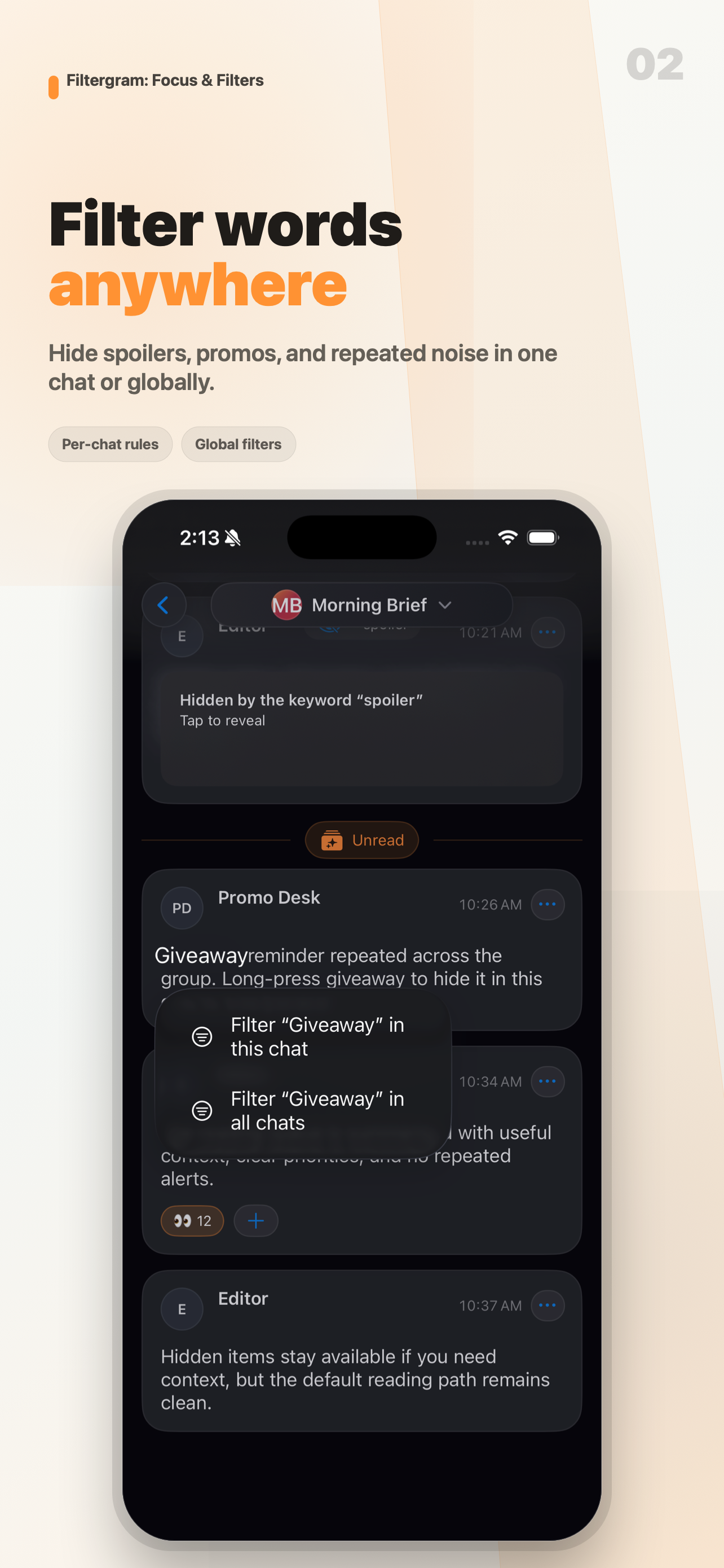 Filtergram screenshot showing keyword filters in a Telegram chat