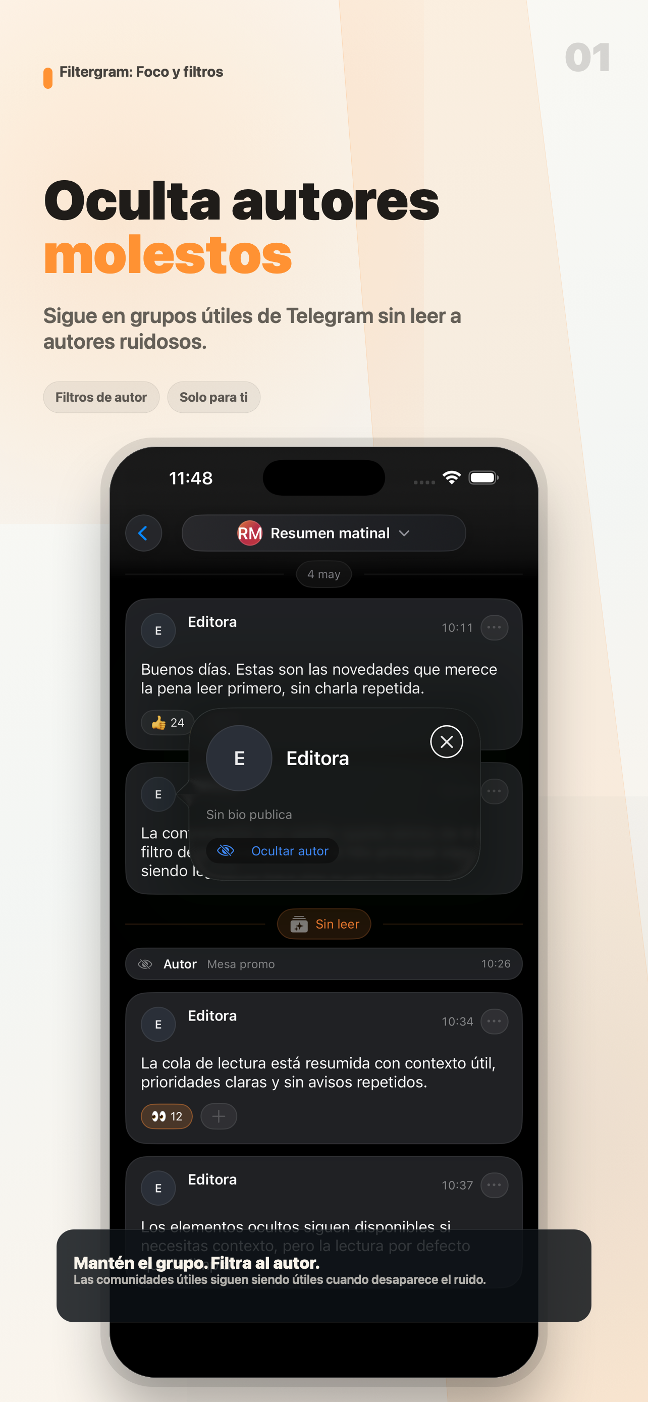 Captura de Filtergram mostrando autores ocultos en un grupo de Telegram