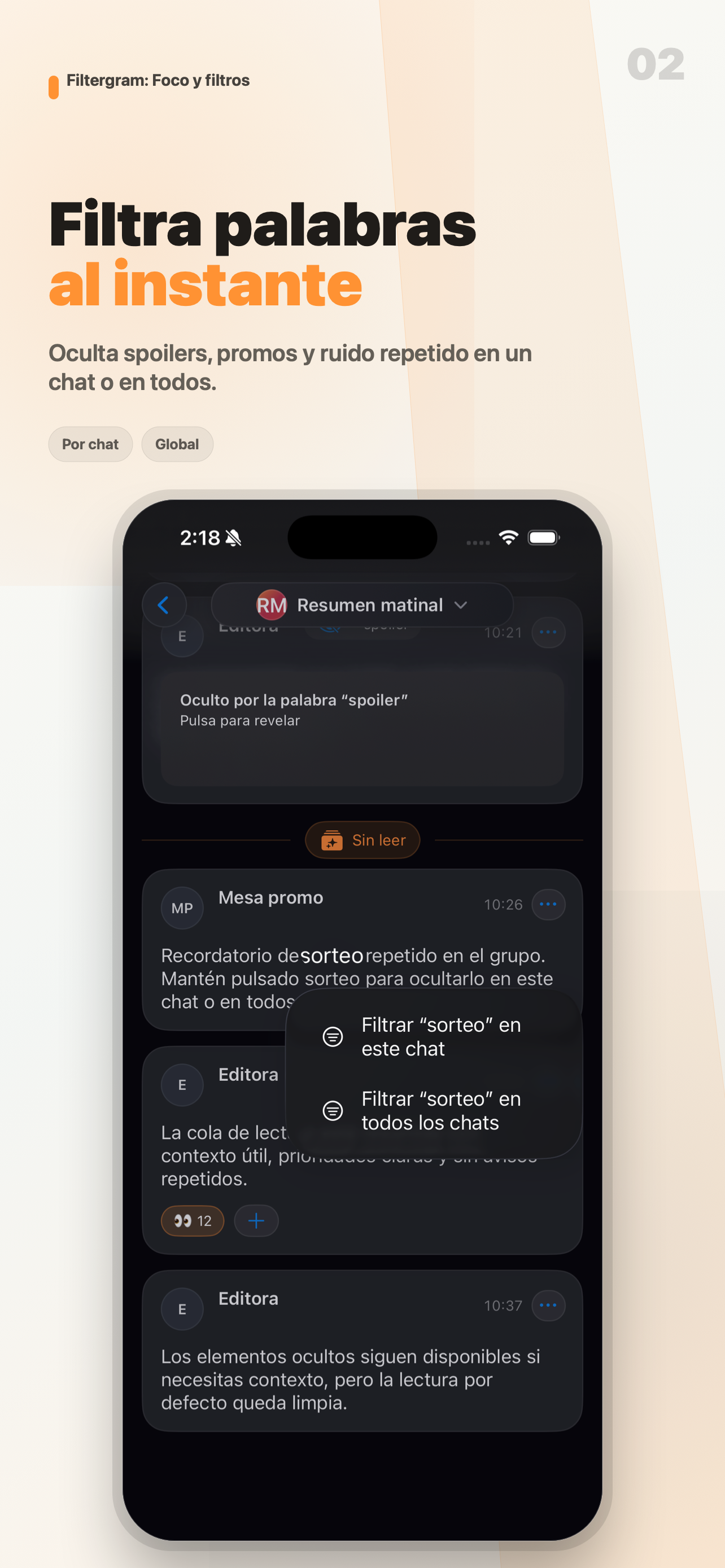 Captura de Filtergram mostrando filtros de palabras en un chat de Telegram